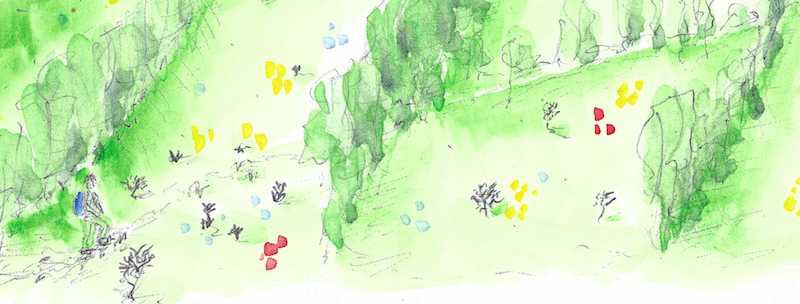 Dessin représentant un randonneur remontant une vallée encaissée.