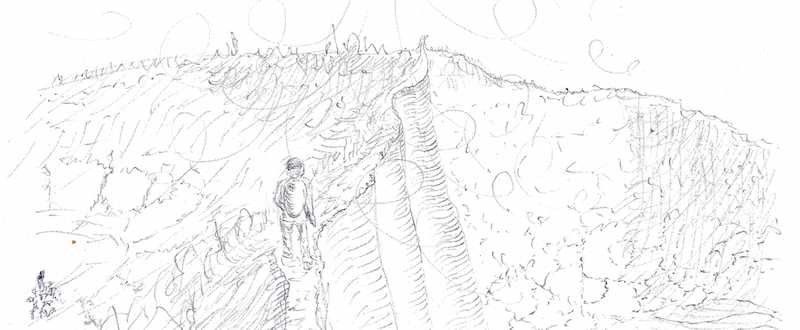 Croquis représentant un randonneur marchant le long d'une crête dangereuse.