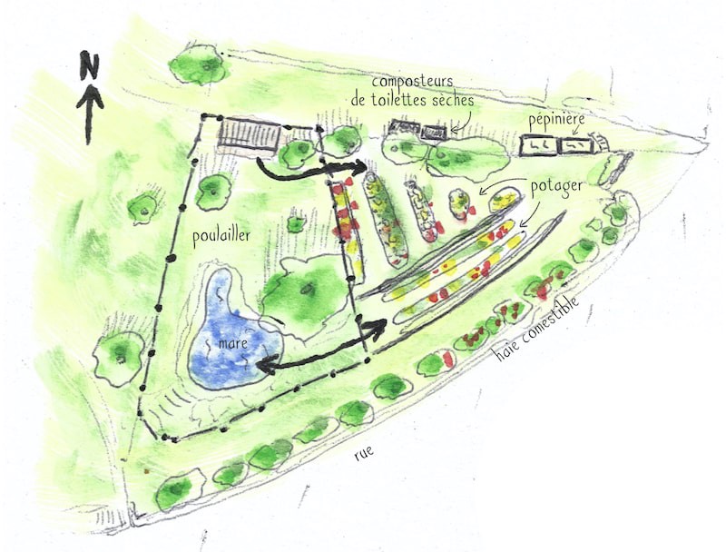 Aquarelle représentant le plan d'une forêt-jardin à côté d'un poulailler et d'une mare.