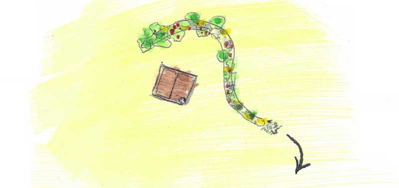 Aquarelle représentant un jardin serpent se développant sur le terrain autour d'une petite maison.