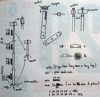 Croquis d'un prototype de trépied pour smartphone en bambou