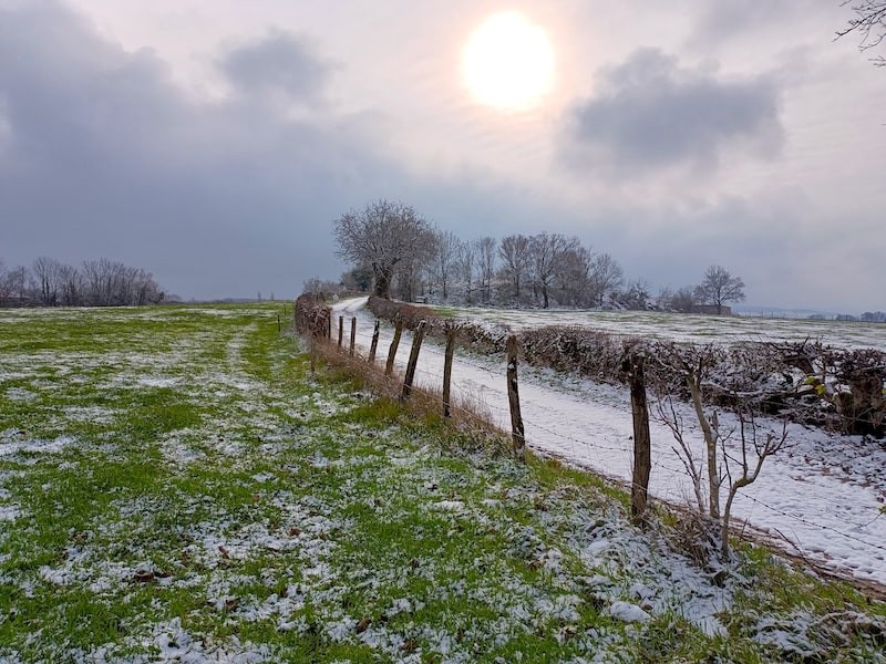 Photo d'un sentier et d'une prairie sous la neige en hiver en Bourgogne, France.