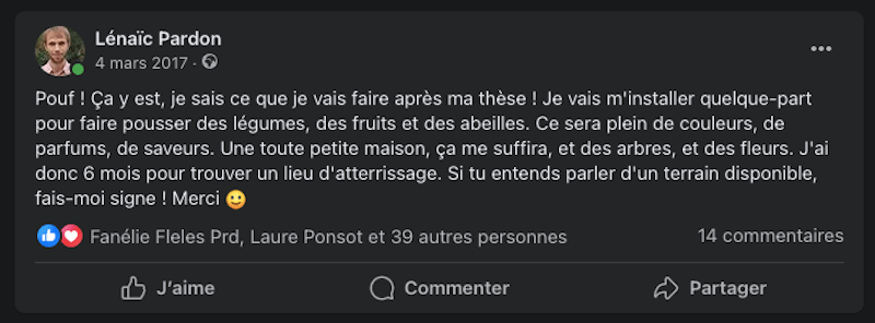 Copie d’écran d'une publication sur Facebook.