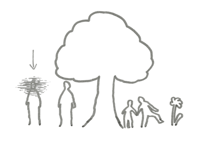 Croquis représentant un paysage simple de personnes et de plantes, séparées les unes des autres, créant un sentiment de solitude.